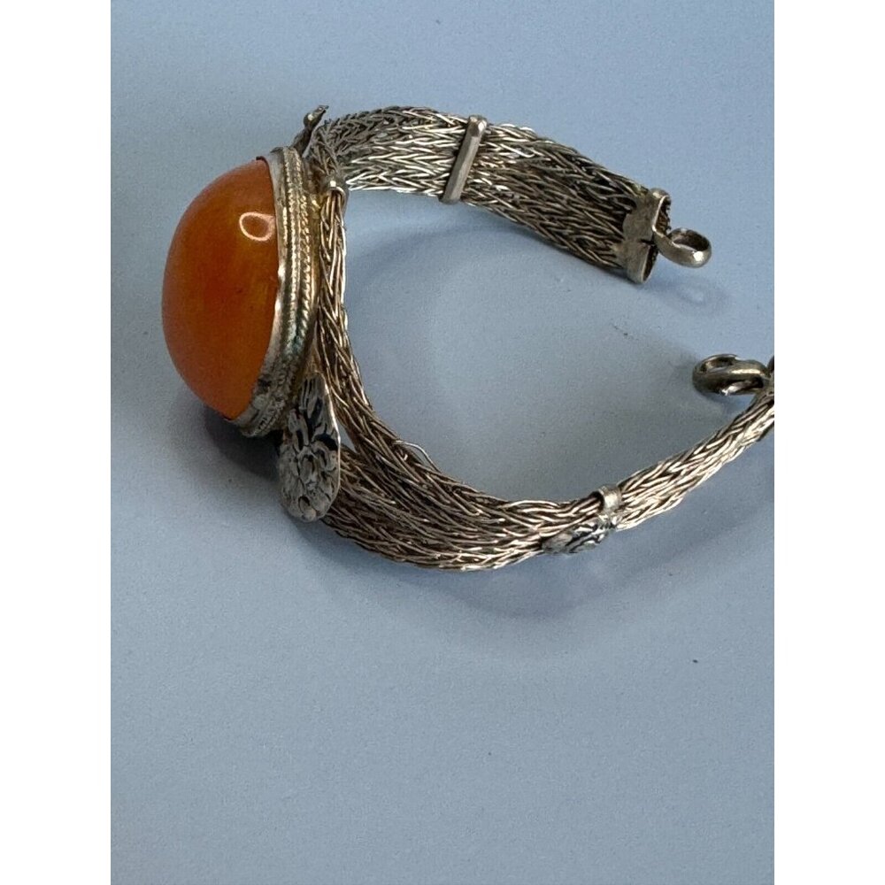 Tibetian Copal Silver Inlay Beeswax Amber Mesh Strand Bracelet - Picture 6 of 8
